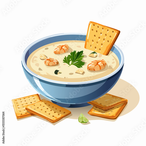 A hearty bowl of creamy shrimp chowder, a classic seafood soup served with crackers and garnished with parsley.