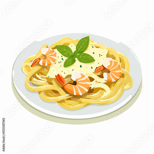 An appetizing illustration of shrimp fettuccine pasta with a creamy white sauce and basil garnish on a plate.