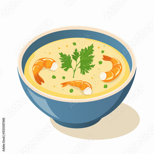 Creamy shrimp soup with fresh parsley garnish in a ceramic bowl. A gourmet seafood bisque vector illustration isolated on white.