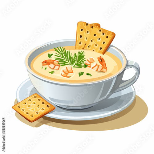 A delicious concept of homemade shrimp chowder soup in a white bowl with crackers and fresh dill garnish, isolated on a white background.