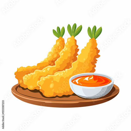 Crispy Japanese tempura shrimp ebi fry served on a plate with a side of dipping sauce. A delicious Asian seafood appetizer.
