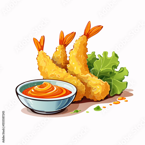 Golden fried tempura shrimp, a delicious Japanese appetizer served with dipping sauce, isolated on a white background.