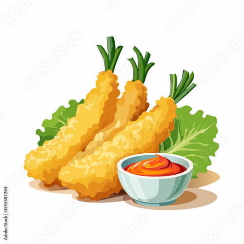 Vector illustration of golden deep-fried prawn tempura, a delicious seafood appetizer with savory sauce and lettuce
