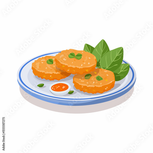 Savory fried seafood patties with fresh herbs and dipping sauce, a delicious appetizer meal on a plate. Vector illustration.