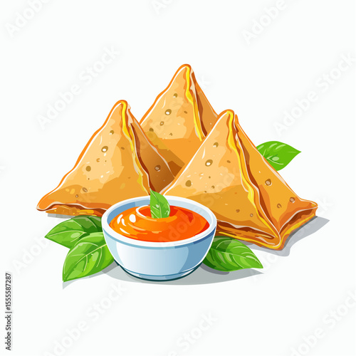 Golden fried samosa pastries, a popular Indian street food snack concept served with a tangy dip and fresh herbs.