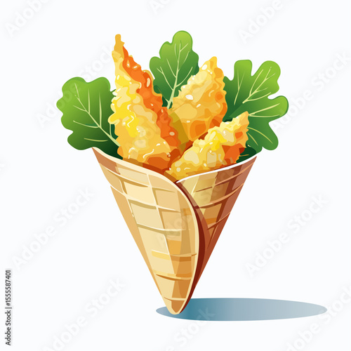 Crispy golden fried tempura served in a savory waffle cone with fresh greens, an appetizer or street food snack