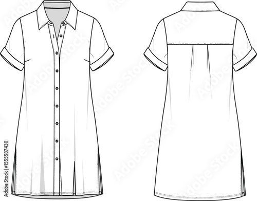Shirt dress cad drawing, front and back view, technical flat sketch, button down, short sleeve, collar design, fashion illustration