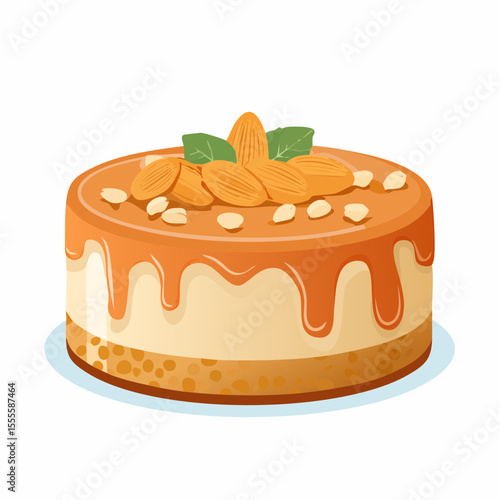 Vector illustration of a whole caramel almond cheesecake with dripping sauce and nut topping. Delicious sweet dessert for a bakery menu.