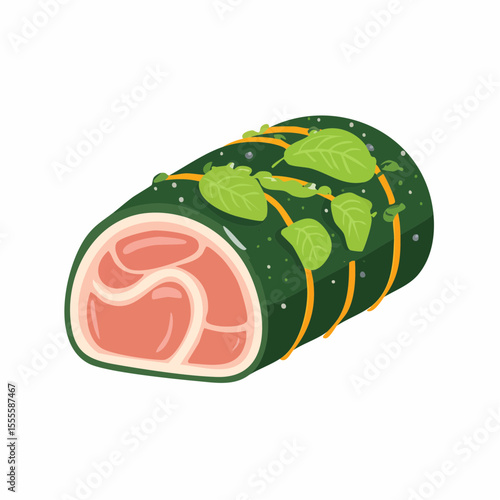 Culinary concept of a prepared raw meat roulade wrapped in greens with herbs, tied and ready for cooking. Vector illustration.