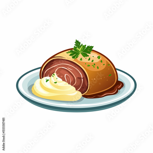 Gourmet baked meat roulade served with mashed potatoes and fresh parsley garnish on a plate, a classic dinner concept