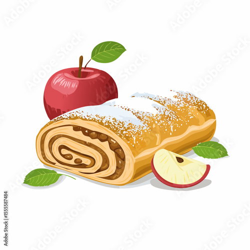 Delicious homemade apple strudel pastry roll with fresh red apple and mint garnish, a classic dessert illustration