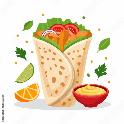 Delicious chicken wrap with fresh lettuce and tomato in a tortilla, served with sauce and citrus. Healthy fast food concept vector illustration.