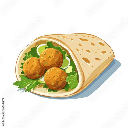 Illustration of a delicious falafel wrap with fresh lettuce and herbs in a pita bread, isolated on white background.