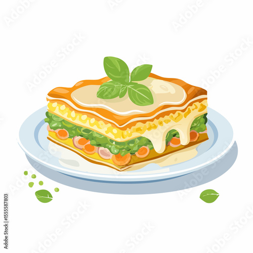A delicious slice of classic Italian vegetable lasagna with creamy bechamel sauce and a fresh basil garnish on a plate, vector illustration.
