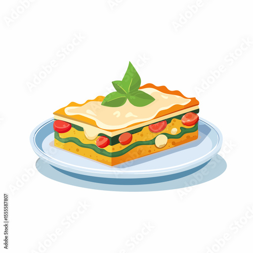 Delicious slice of traditional Italian vegetarian lasagna with layers of pasta, cheese, and tomato, garnished with fresh basil.