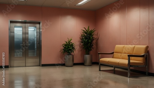 Serene Hospital Corridor Tranquil Waiting Area Design with Pastel Walls, Plants, and Modern Seating