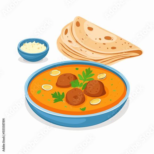 A savory bowl of meatball kofta curry with fresh parsley, served alongside warm flatbread and a side of cheese.