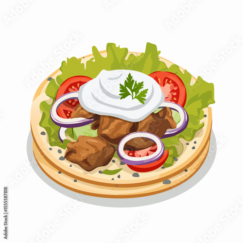 A delicious and fresh Greek gyro with meat, salad, and tzatziki sauce served on a warm pita bread, a traditional Mediterranean meal.