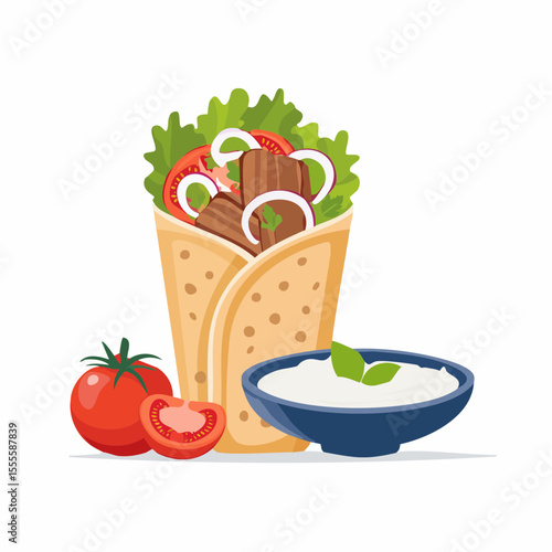 Traditional Greek gyro wrap with fresh vegetables and tzatziki sauce. Delicious Mediterranean street food illustration.