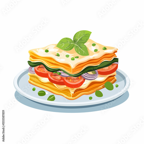A delicious slice of classic Italian lasagna with layers of pasta, tomato, and fresh basil. Vector food illustration isolated on white.