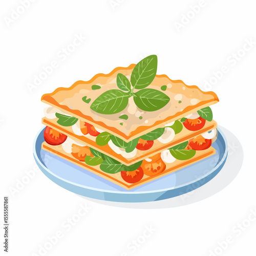 A fresh and delicious portion of vegetarian lasagna with Caprese-style layers of tomato, mozzarella, and basil, served on a plate.
