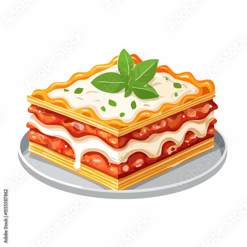 A delicious slice of classic Italian lasagna with meat sauce, creamy béchamel, and fresh basil. A savory homemade comfort food concept.