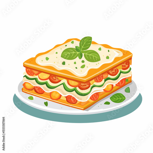 A freshly baked slice of traditional Italian lasagna on a plate, featuring layers of pasta, sauce, cheese, and a fresh basil garnish.