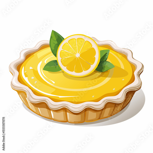 A classic lemon tart illustration with a flaky pastry crust and sweet citrus curd filling, garnished with a fresh lemon slice.