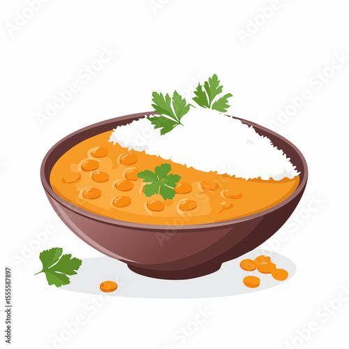 A traditional bowl of Indian lentil soup, also known as dal, served with fluffy rice and a fresh parsley garnish. A healthy vegetarian meal concept.