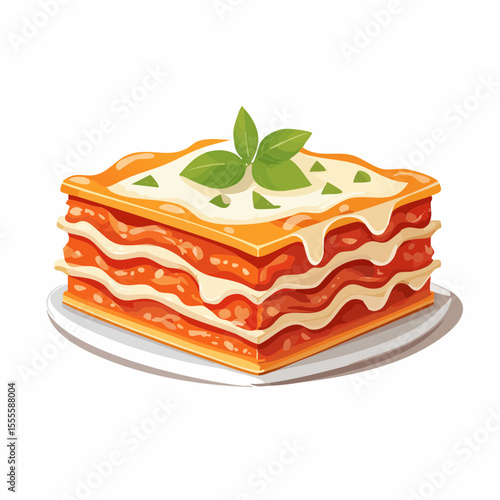 A delicious slice of traditional Italian lasagna, featuring layers of pasta, rich bolognese sauce, and creamy béchamel, garnished with fresh basil
