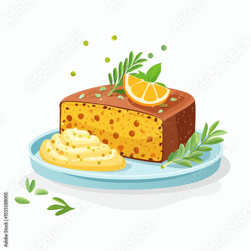 A delectable slice of orange pound cake, garnished with a fresh orange wedge, rosemary, and served with a side of creamy frosting on a plate.