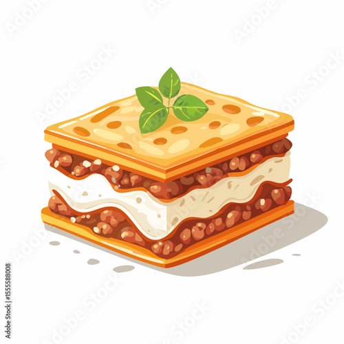 A delicious and appetizing slice of classic Italian lasagna with meat sauce and fresh basil, a traditional comfort food concept.