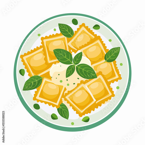 A gourmet plate of classic Italian ravioli pasta, garnished with fresh basil leaves and a dollop of creamy sauce. Top view illustration.