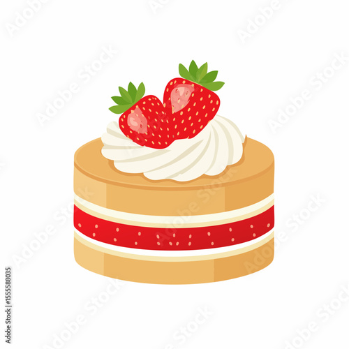 Vector icon of a delicious strawberry sponge cake with whipped cream, representing a sweet dessert and celebration concept.