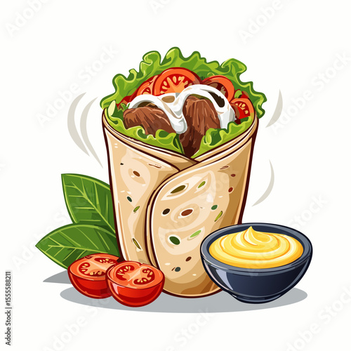 Savory grilled meat wrap with fresh lettuce, tomatoes, and creamy sauce, served with a side of dipping sauce. Vector art illustration.