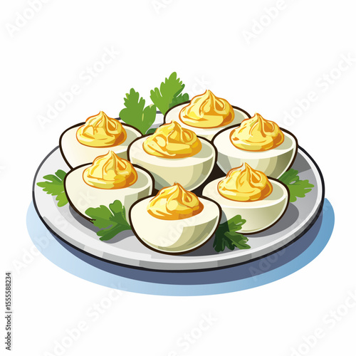 A delicious platter of classic deviled eggs, a traditional appetizer for parties and holidays, garnished with parsley.
