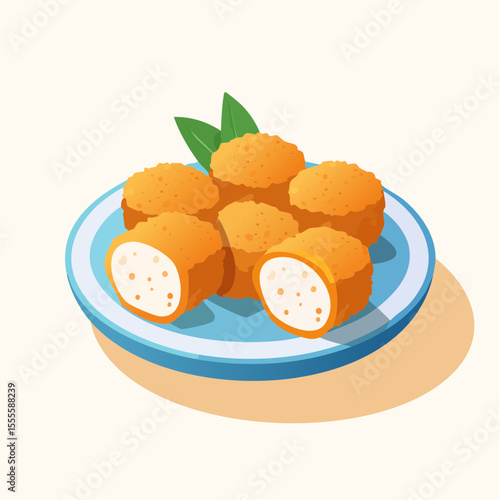 Vector illustration of golden brown fried chicken nuggets or potato croquettes on a plate. Tasty deep-fried snack food appetizer.
