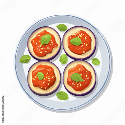 Delicious vegetarian appetizer with baked eggplant rounds, zesty tomato sauce, and fresh basil on a white plate.