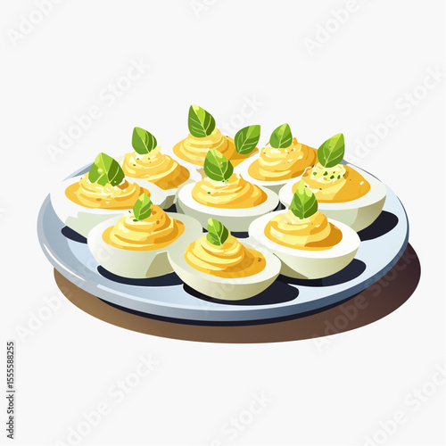 Classic deviled eggs appetizer served on a platter, garnished with fresh basil leaves. A delicious party food favorite illustration.