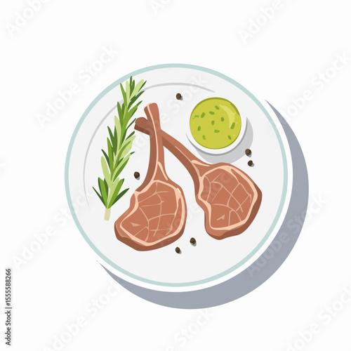 Top-down vector illustration of gourmet lamb chops served on a plate with fresh rosemary, mint sauce, and black peppercorns