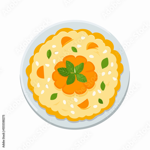 A gourmet serving of creamy pumpkin risotto with fresh mint garnish. A delicious vegetarian meal concept illustrated from a top-down view.