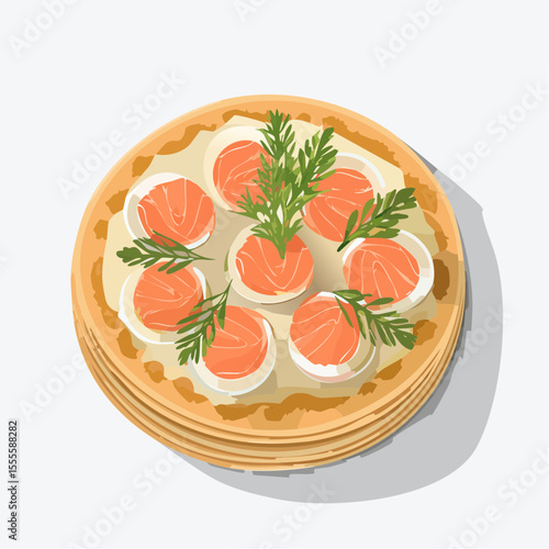 A delightful stack of blinis topped with smoked salmon, boiled eggs, and fresh dill. A gourmet appetizer concept perfect for brunch or parties, shown in a top-down view illustration.