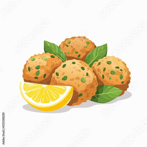 Savory homemade falafel balls, a healthy vegetarian appetizer with fresh herbs and a zesty lemon wedge. Isolated vector food illustration.
