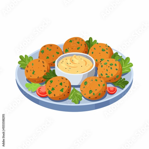 Illustration of traditional falafel balls served on a plate with creamy dipping sauce, a popular vegetarian appetizer.