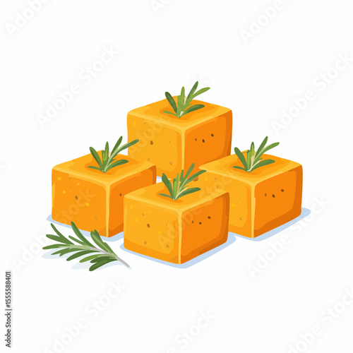 Cubes of savory orange cheese or polenta garnished with fresh rosemary sprigs. Healthy appetizer food illustration.