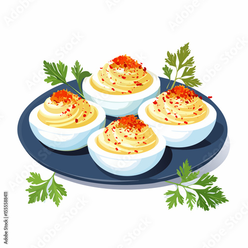 Classic deviled eggs appetizer with creamy yolk filling, paprika, and fresh parsley garnish on a plate, isolated vector illustration