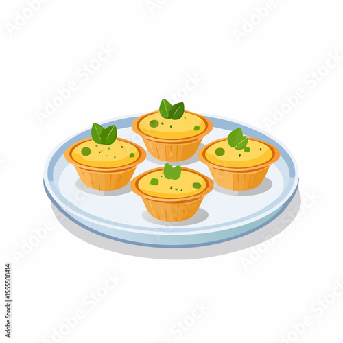 A platter of four delicious mini savory tartlets, garnished with fresh green herbs. Isolated food appetizer illustration.