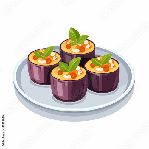 Gourmet appetizer of stuffed eggplant with a savory filling, tomato, and fresh basil, served on a plate as elegant canapés