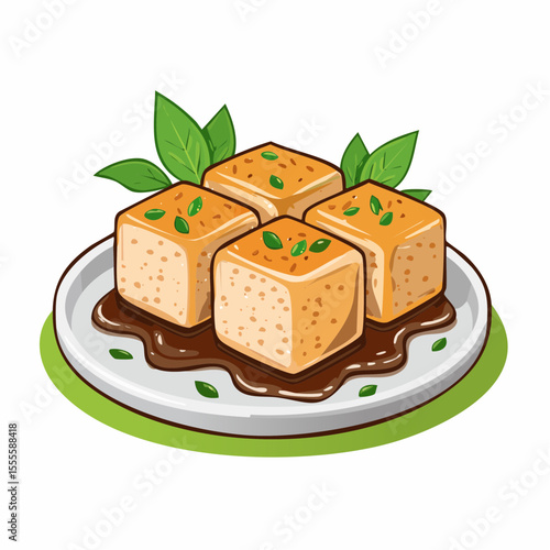 Delicious cubes of fried tofu in a savory sauce with fresh basil, a healthy vegetarian meal concept illustration.