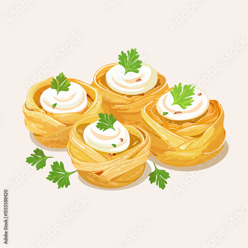 Gourmet tagliatelle pasta nests with a creamy sauce and fresh parsley, an elegant appetizer illustration